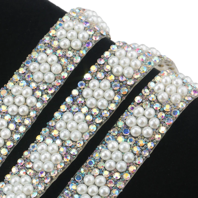 
1Yard ABS Round Pearl Beads Trim rhinestone Decoration Sewing Trim Crystal Hot Fix Rhinestone With Iron On Appliques For Dress 