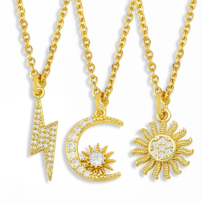

Cubic Zirconia Lightning Pendant Necklace Women 18K Gold Plated Sun Moon Pendant Necklace Zircon Plated Link Choker Chain, Gold color necklace