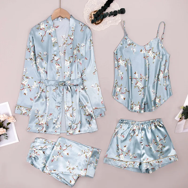 

Wholesale Floral Print 4 Piece Silk Satin Women's Home Wear Nighty Sleepwear Print Pajamas Set Pajamas for Women Set Pajama Sets, As picture or customized