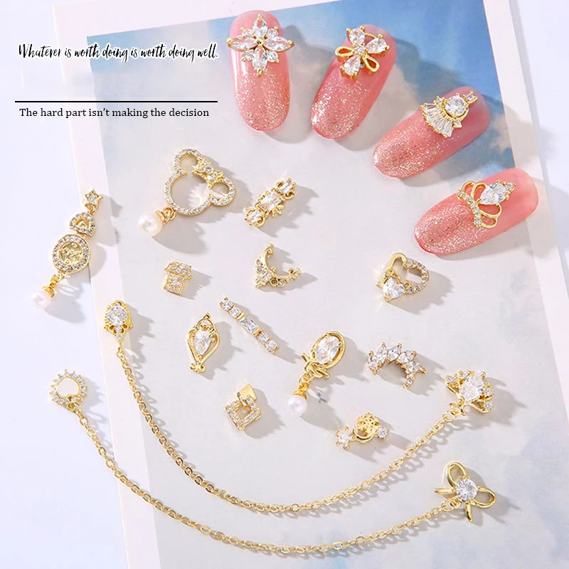 

Luxury Nail Art Charm Cubic Zircon Nail 3D Diamond Gold Plated Crown Flower Heart DIY Nail Sticker Art Decoration Finger Jewelry, Colorful