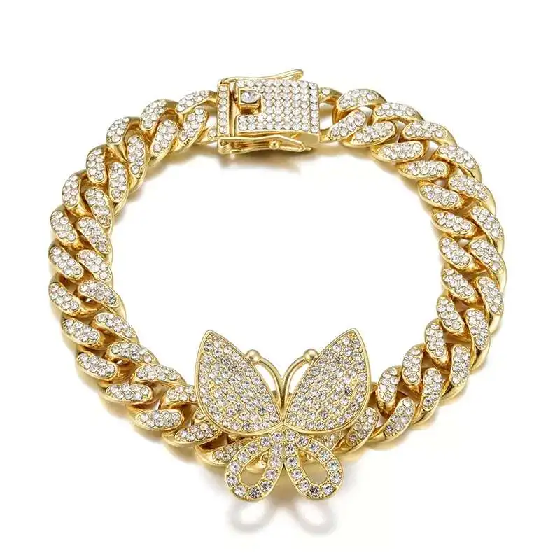 

New Arrivals 12mm Women Bling Hip Hop Cuban Link Butterfly Anklets