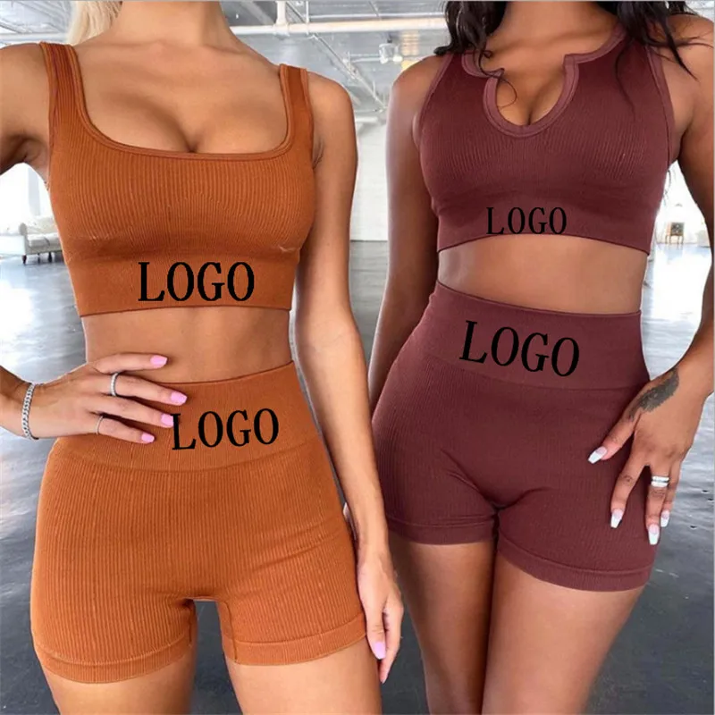 

Wholesale Custom Logo Women sports bra set Solid Color Workout seamless Compression Gym apparel Fitness Wear Yoga shorts Set, Customized colors