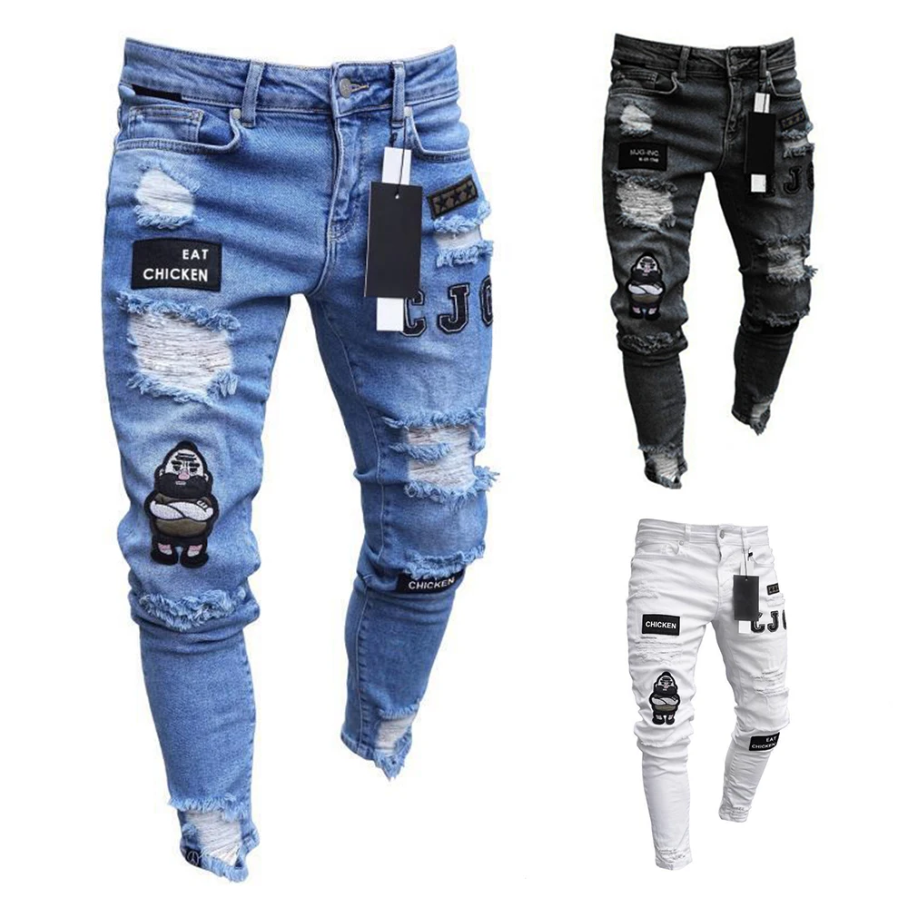 

Wholesale Fashion Style Biker Ripped Jeans High Quality Pants Skinny Slim Men's Fitted Cotton Blue Jean Trousers for Man, Light blue