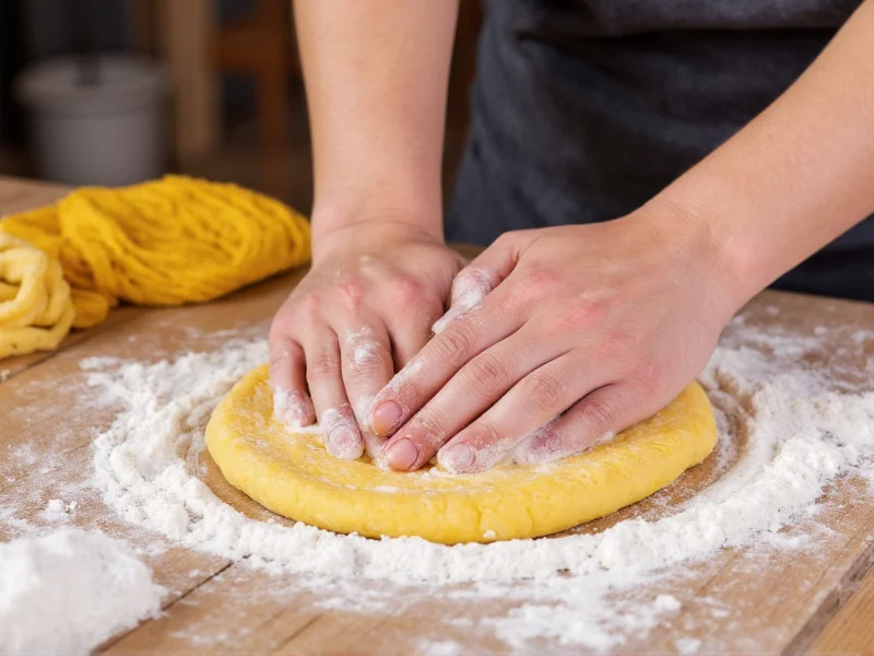Hands kneading pasta dough on floured wooden table