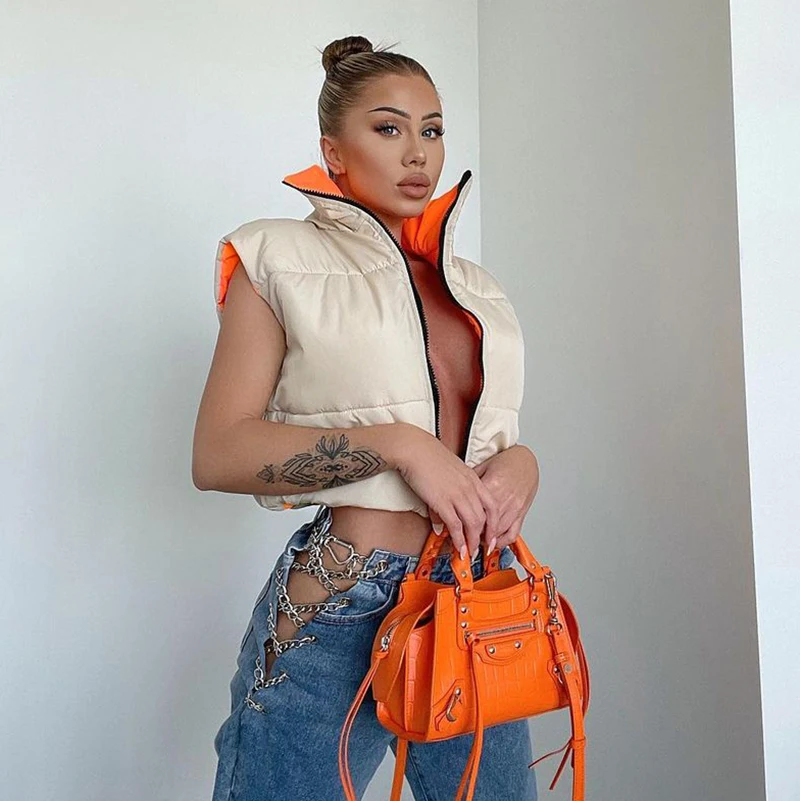 

Lygens 2021 Autumn Winter Top Patchwork Zipper Stand Collar Padded Thick Warm Cotton Sleeveless Women Fashion Streetwear Coat