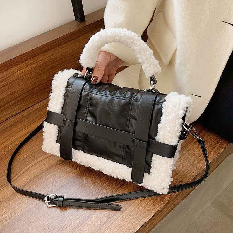 

XP1308 new 2020 single shoulder stitching solid color lamb fur bags handbags