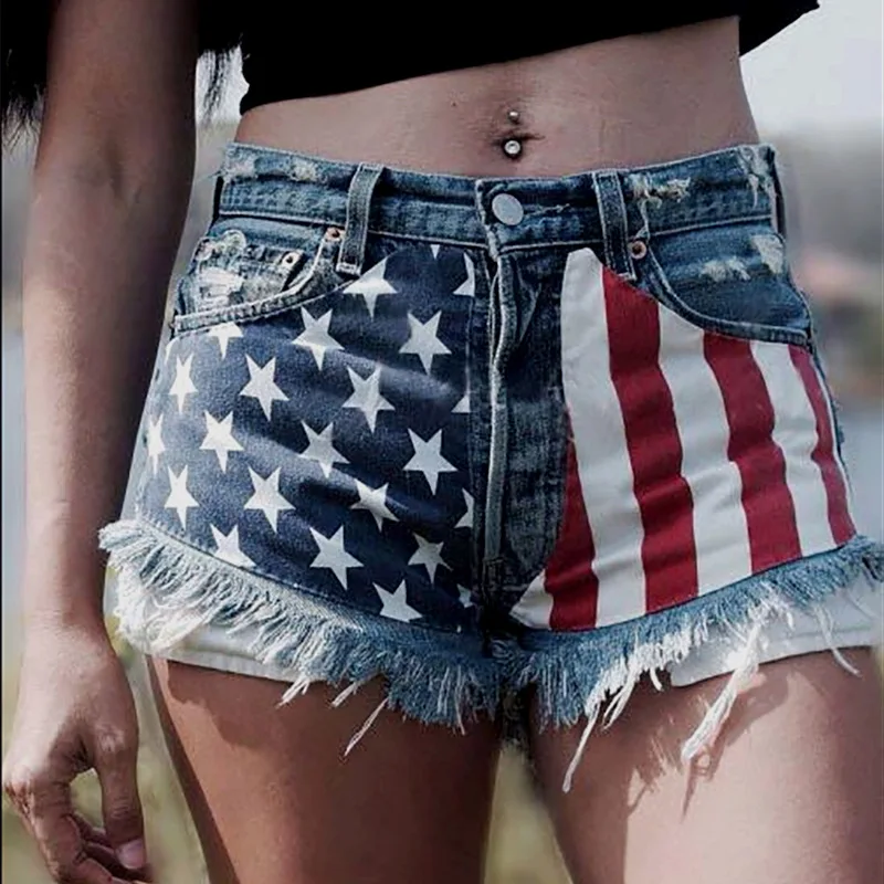 

OEM service american flag patchwork jean shorts women star-spangled banner tassel scratches ripped jean shorts, Light blue