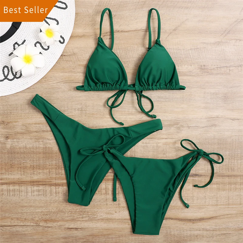 

String Strappy Bikini Swimwear Women's Sexy Soild Print Lace Up High Cut Leg Bikini Set Two Piece Swimsuit Women Micro 2021