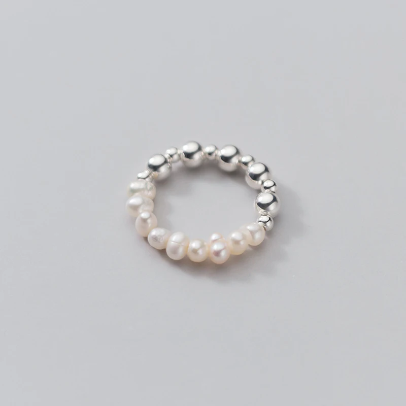Fresh Water Pearl Silver Bead Elastic Adjustable Ring for Women Girls 100% Real 925 Sterling Silver Jewelry