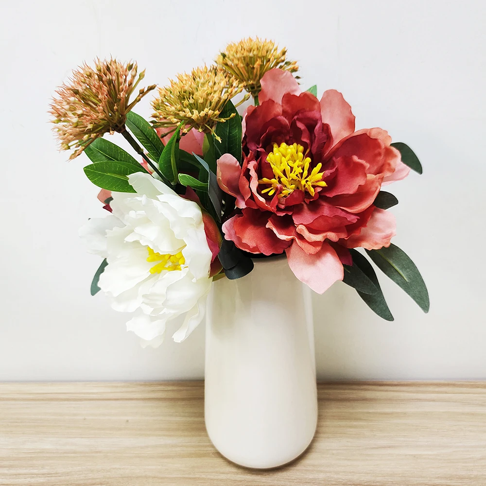 

Floral supplies artificial peony bouquet for wedding home table vase decor DIY custom flower artificial peony bridal bouquet, Red green white or customized