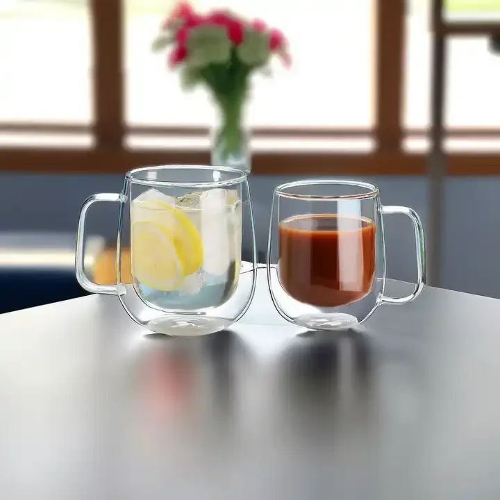High Borosilicate Heat Resistant Double-Wall Drinking Glass Cup Transparent Glass Mug with handle