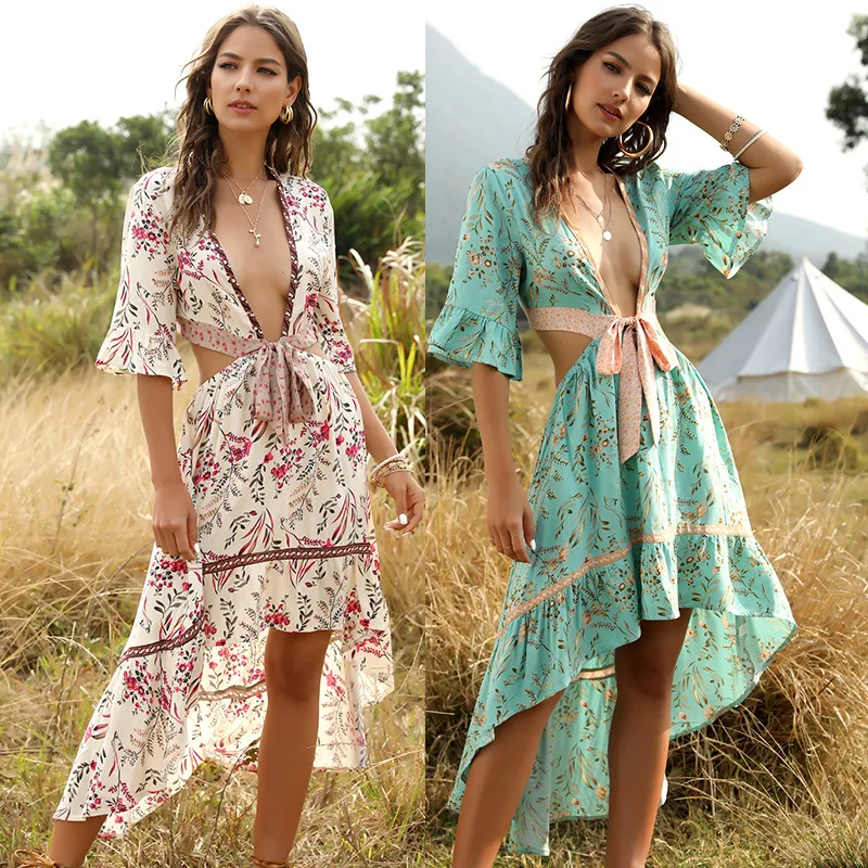 

One Pieces Set Chiffon Dress High quality Summer Casual floral printed women Ruffle Hem Boho style Vacation dresses, Picture shows