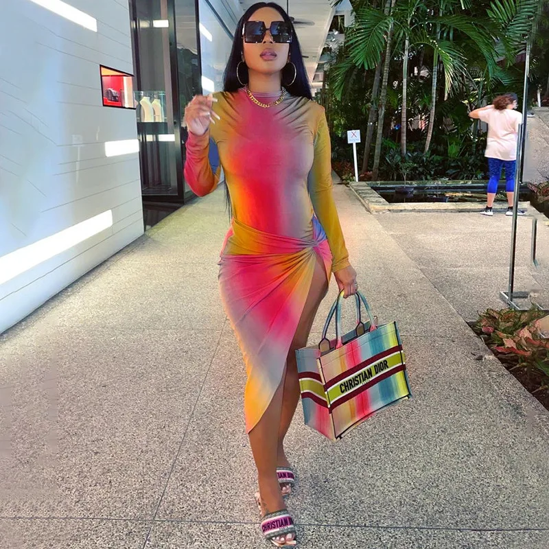 

autumn casual dresses long sleeve dress gradient tie-dye print Pleated fashion plus size women Sexy dresses, Color