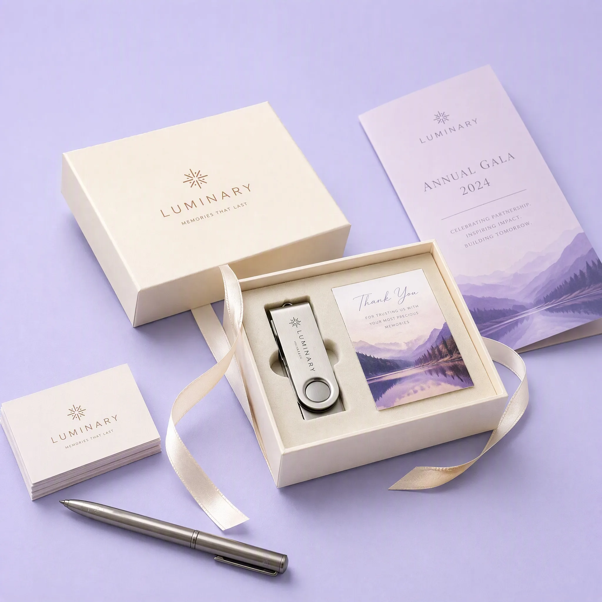 Corporate Annual Gala Stationery Setup with Trifold Brochure, Business Cards, Metal Pen, and Ivory USB Gift Box Set