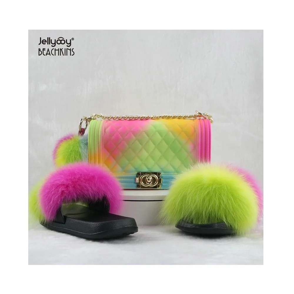 

USA Rainbow Jelly Bag Pvc Silicone Bag Match Fur Slides Fur Slippers Women Chain Crossbody Purses Handbag
