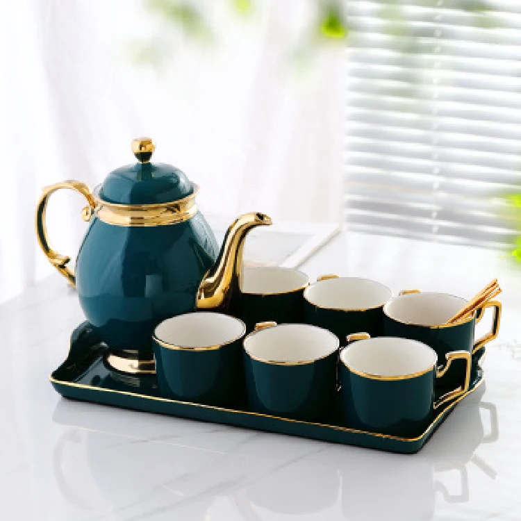 

Modern Green Gold Handle 6 Cups and Saucers Tea Sets With Tray Hotel Tea Tray Set, Accept customized