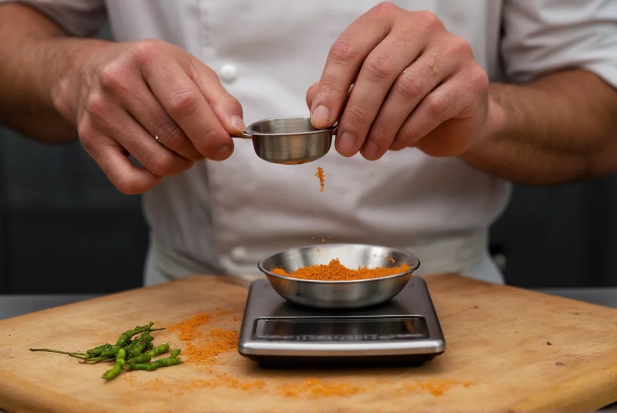 Chef carefully measuring Naga Viper pepper powder with precision scale for recipe development
