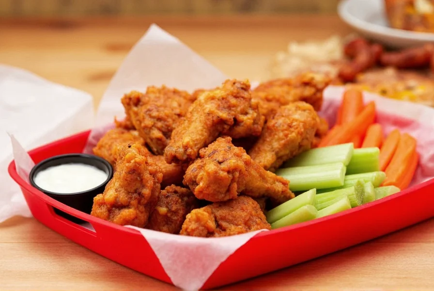Wingstop lemon pepper wings served with celery sticks, carrot sticks, and ranch dressing on a red tray