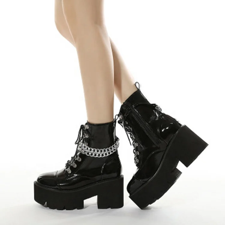 

2021 Winter Ladies Chelsea Chunky Sole Chain Platform Lace Up Punk Ankle Boots Women PU leather Shoes, Black