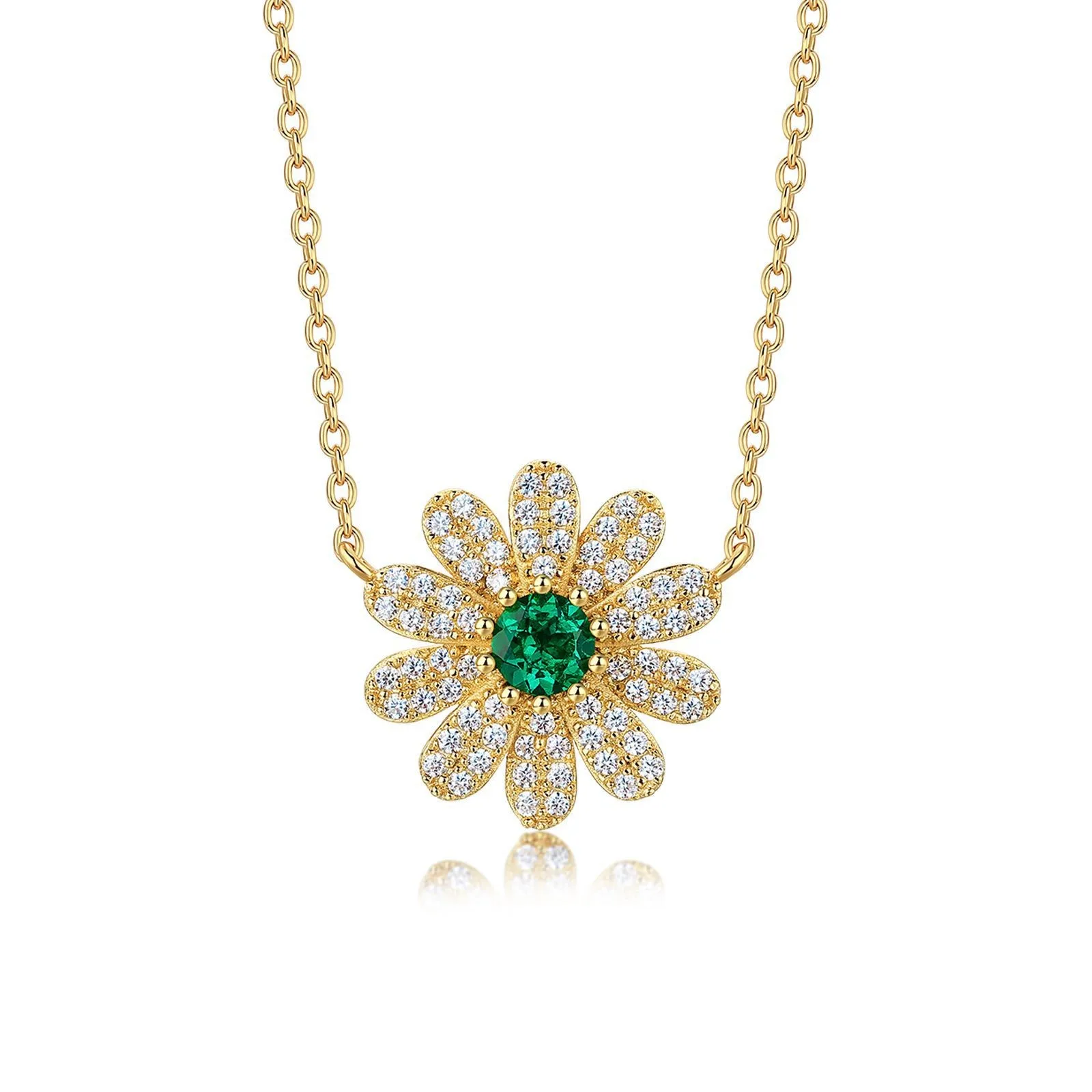 Daisy Flower Emerald Pendant Necklace Gold Link Chain Floral Jewelry for Women Gift