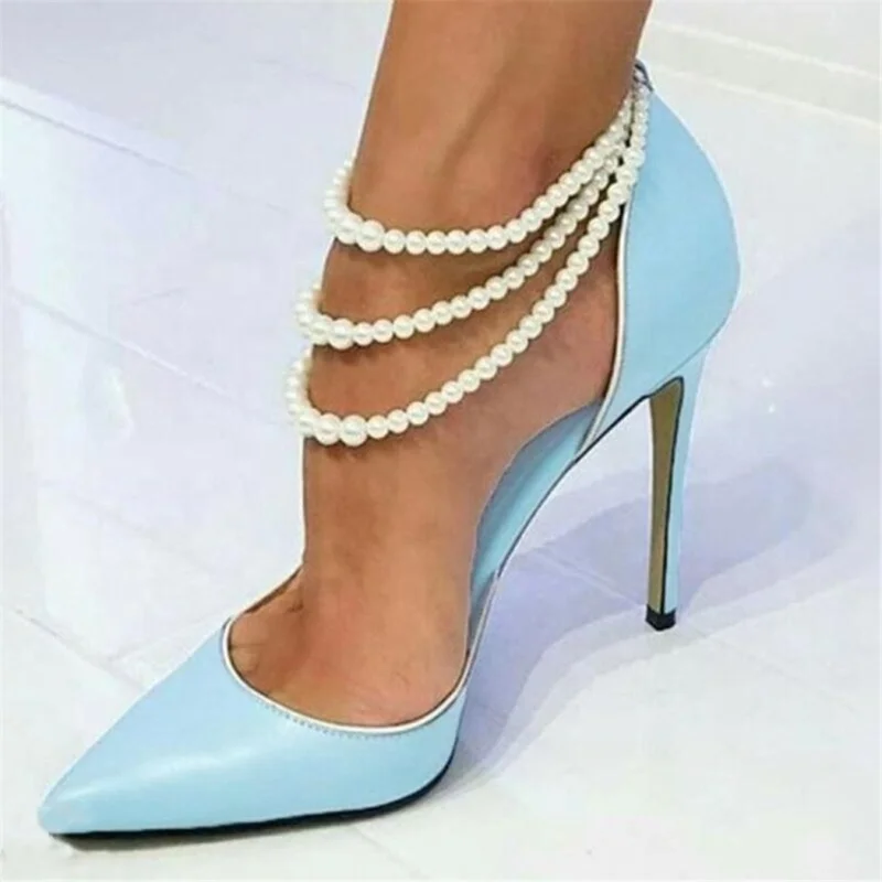 

Fancy Sky Blue Pearl Anklets Lady's Sexy Pumps Shoes Breathable Meeting Party Wedding Dress Shoes for Women Customized Big Size