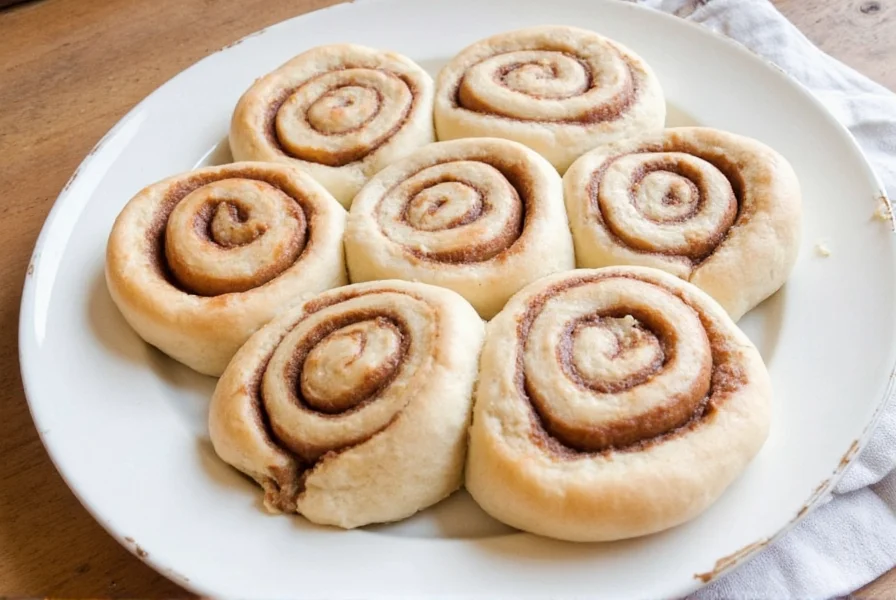 Perfectly baked ambitious kitchen cinnamon rolls with cream cheese frosting dripping down the sides on a white ceramic plate