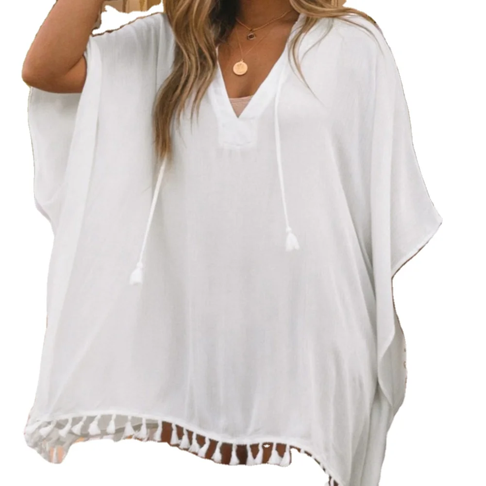 

2022 White Floral Print Fringe Trim Hooded Oversized Beach Cover Up