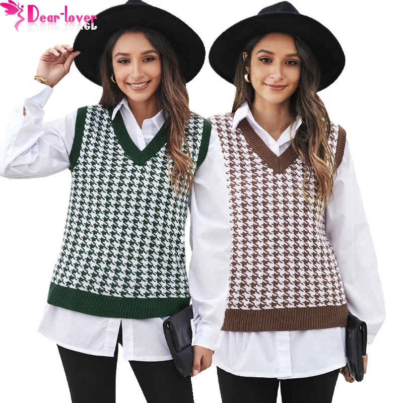 

Wholesale Winter Women Oversized Pattern Sweater Vest Plaid Knit V-Neck Sleeveless Pullover Loose Sweater Vest
