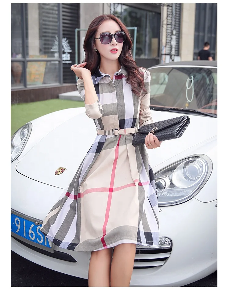 

2021 Girls Elegant Summer Woman Long Sleeve Belt Maxi Party Fashion 100% Cotton Strap Casual Stripe Shirt Womens Plaid Dresses, Customized color