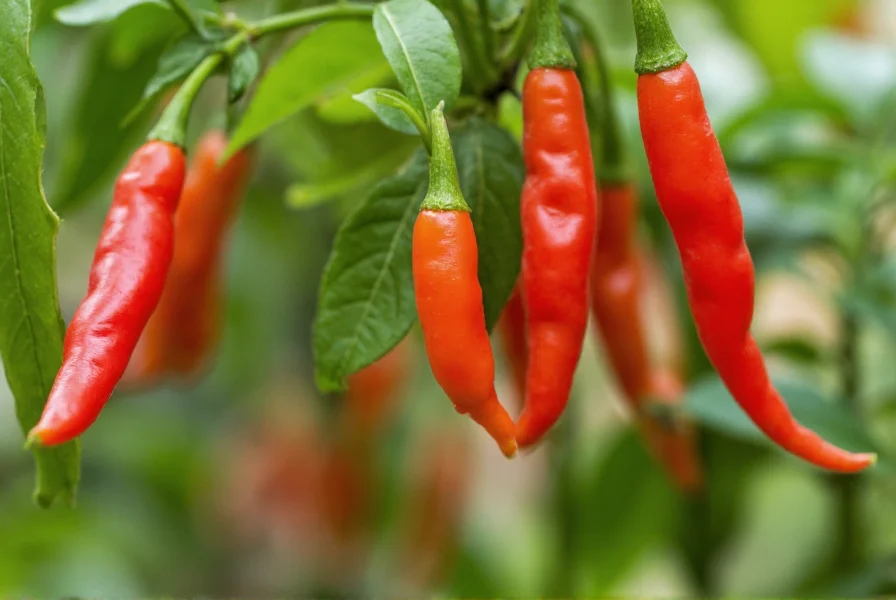Close-up view of fresh red piri piri peppers growing on plant with characteristic slender shape and vibrant color