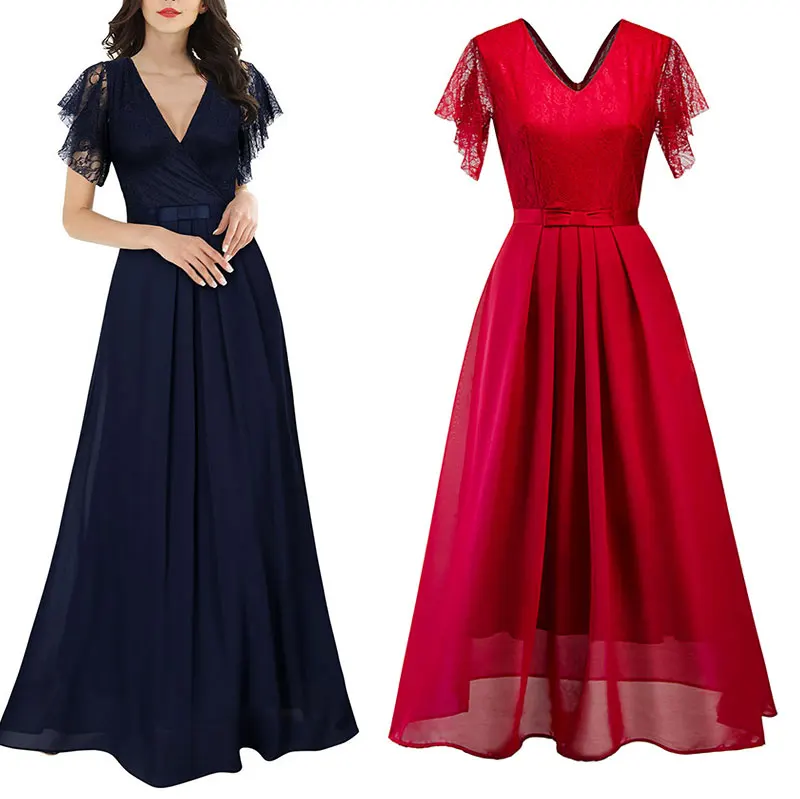 

Fashion Vintage V Neck Wine Red Royal Blue Vintage Bridesmaid Dresses Plus Size Pleated Elegant Lace Chiffon Party Wedding Dress