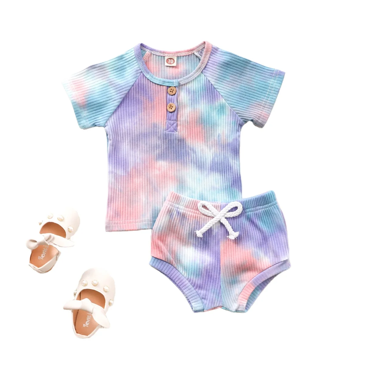 

baby clothes tie dyed ribbed cotton shirt and shorts 2pcs clothes sets