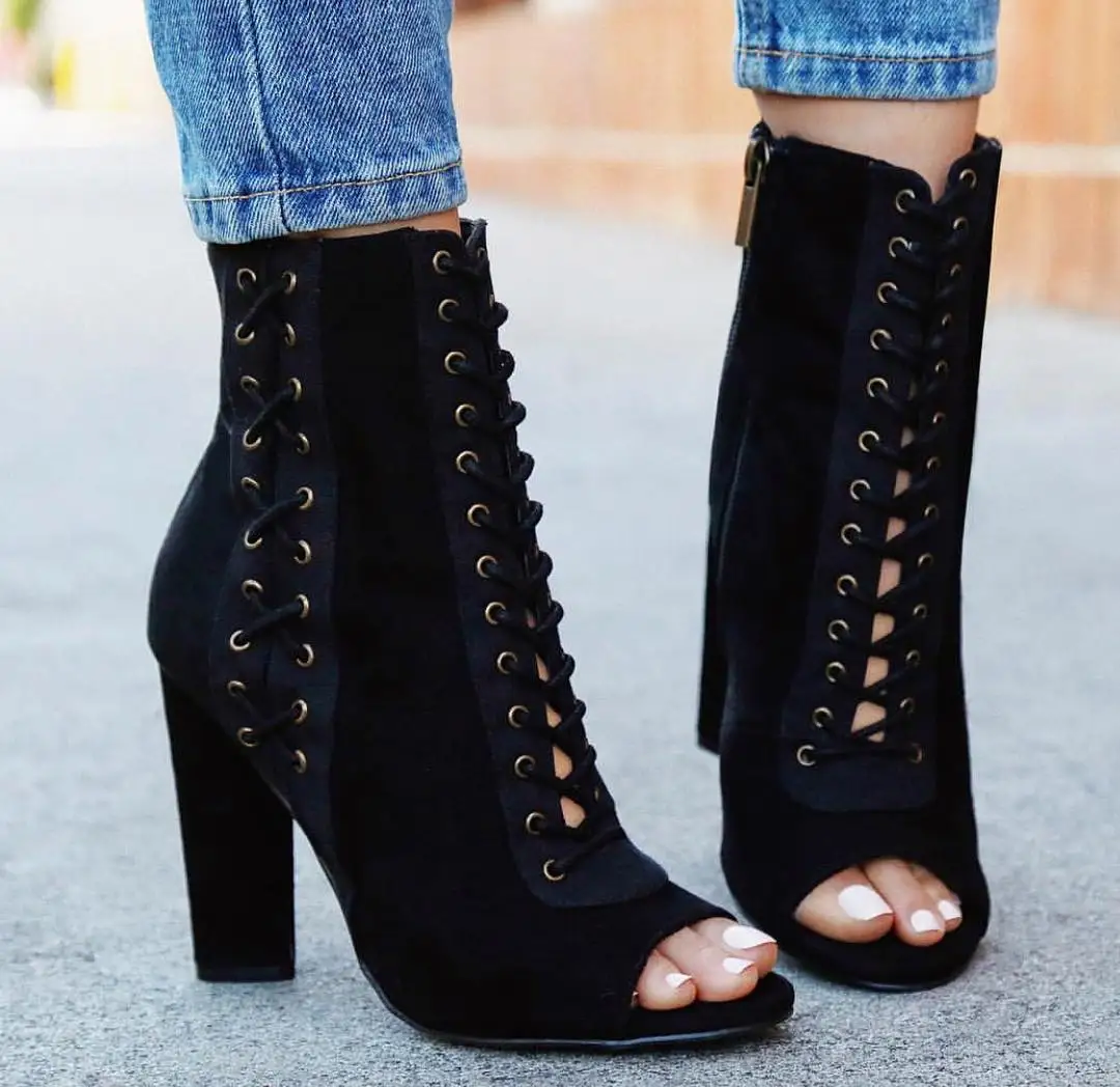 

DEleventh Women Shoes In Stock Wholesale Suede Crossed Tied Trendy Pumps Peep-Toe Stiletto High Heels Ladies Formal Sandal Black