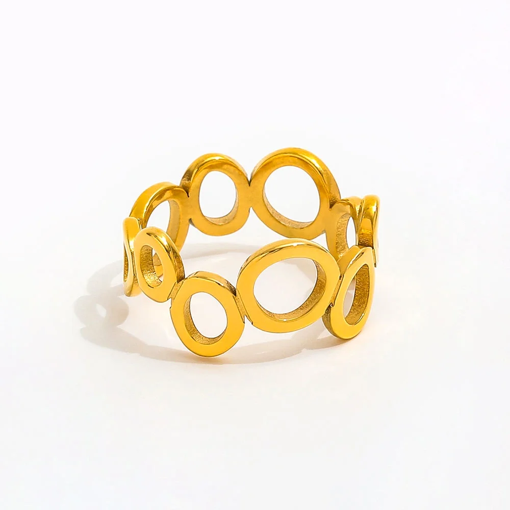 High End 18K Plain Gold Hollow Interlocking Circle Ring Stainless Steel Trendy Simple Gold Plated Jewelry