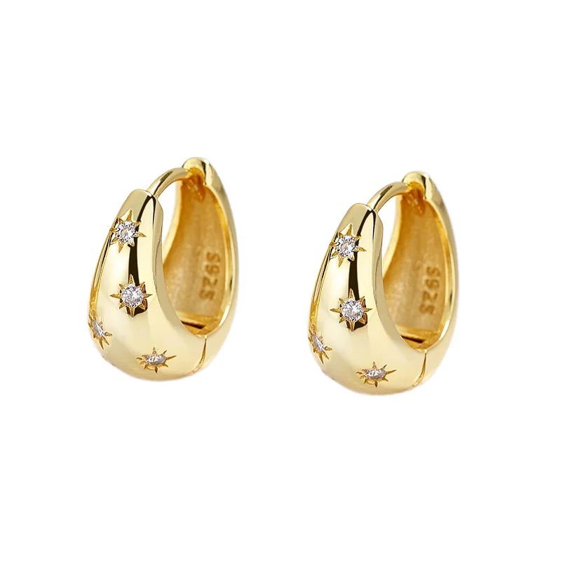 Hot Sale Fashion Jewelry 925 Sterling Silver Earring Star Light Zircon Gold Plated Hoop Earrings for Women