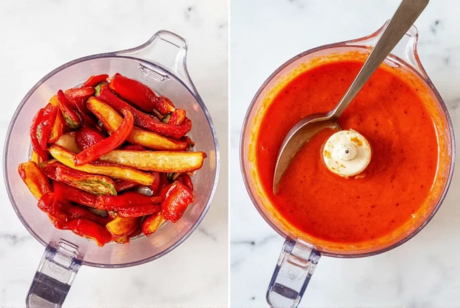 Step-by-step preparation of homemade red pepper aioli showing roasted peppers being blended with garlic and olive oil in food processor