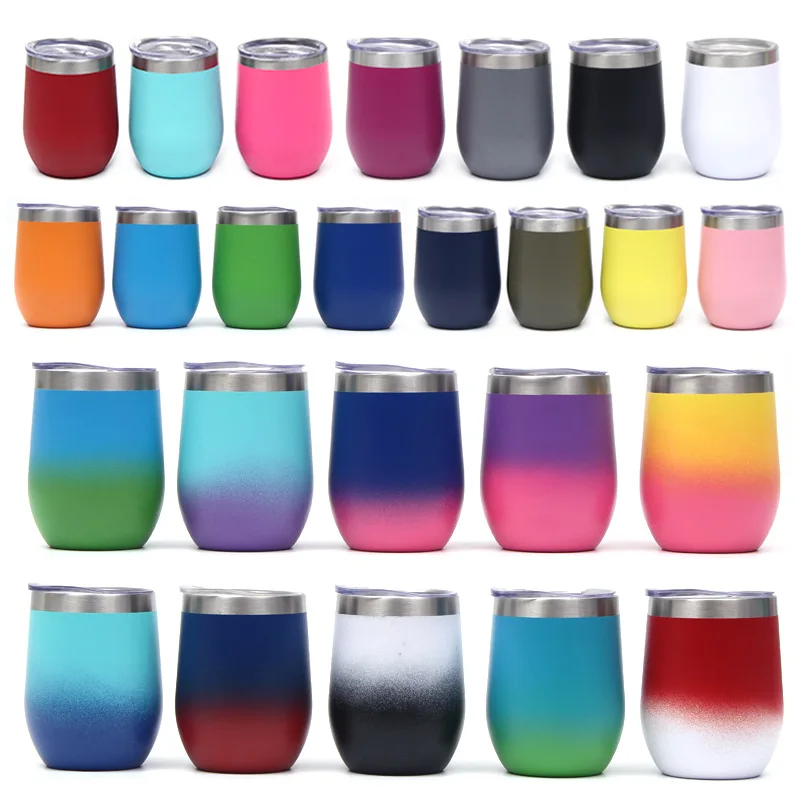 

Feiyou vacuum insulated 12oz cups double walled stainless steel wine tumbler glitter egg shape mugs with sliding lid, As picture /customized color