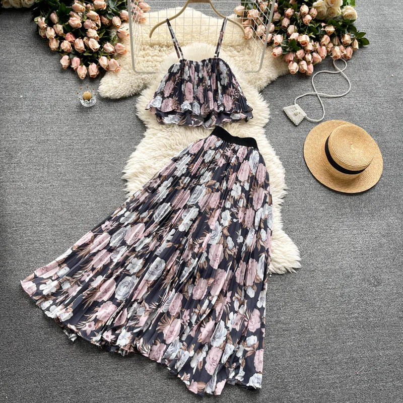 

2022 Bohemian Style High Waist Pleated Two Piece Set Chiffon Long Maxi Elegant Casual Dress Summer Dresses Women Lady Elegant