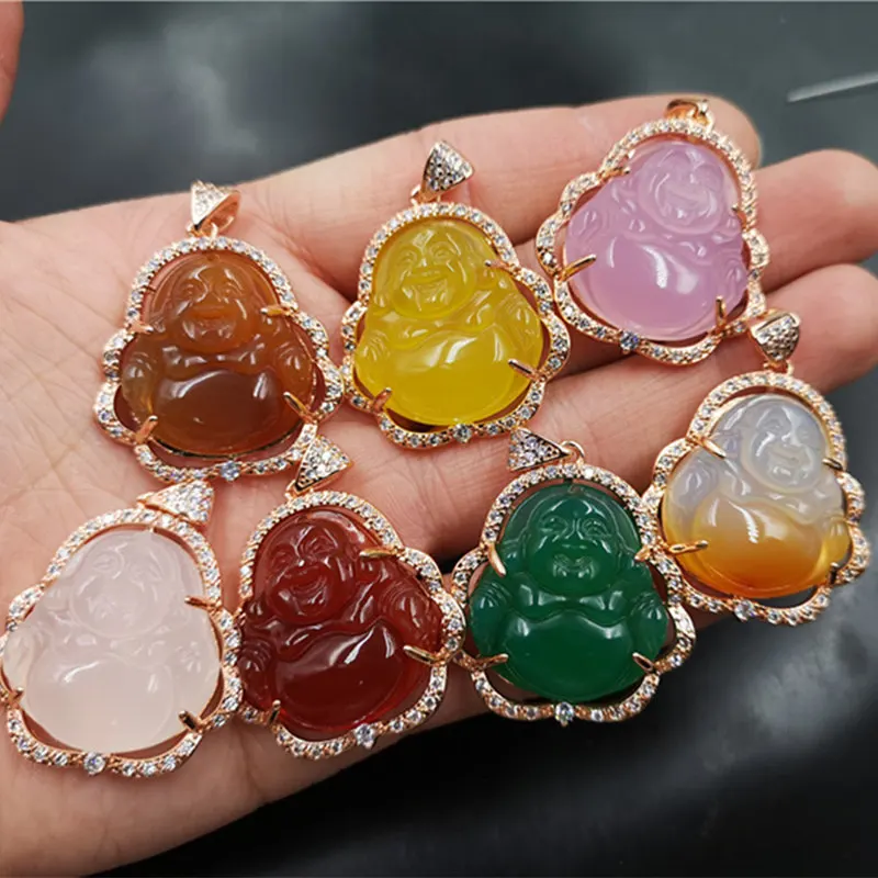 

Fine jade Buddha jewelry 925 sterling silver medullary agate Maitreya pendant, Multicolor