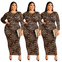 

fall clothing for women leopard long sleeve plus size women long dress two piece skirt set