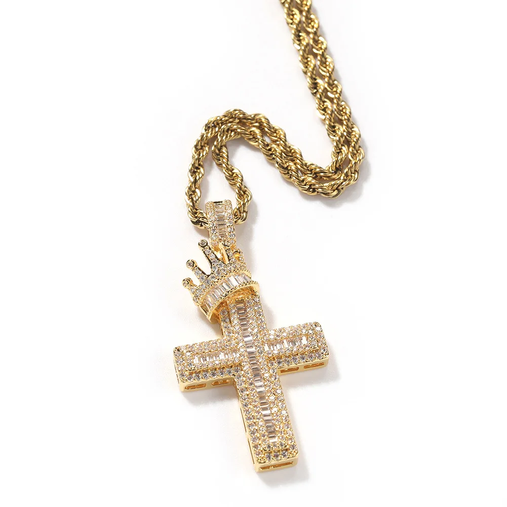 

New Design Hip hop punk zircon crown Cross Pendant gem stone quartz crystals ice neck necklace