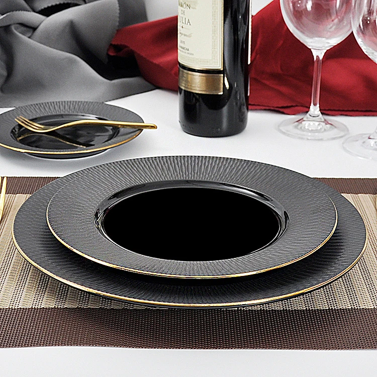 
P&T Royal Wholesale Matt Black Horeca Porcelain Gold Rim Embossing Ceramic Dinner Plate Crockery Restaurant Dinnerware P&T Royal Wholesale Matt Black Horeca Porcelain Gold Rim Embossing Ceramic Dinner Plate Crockery Restaurant Dinnerware