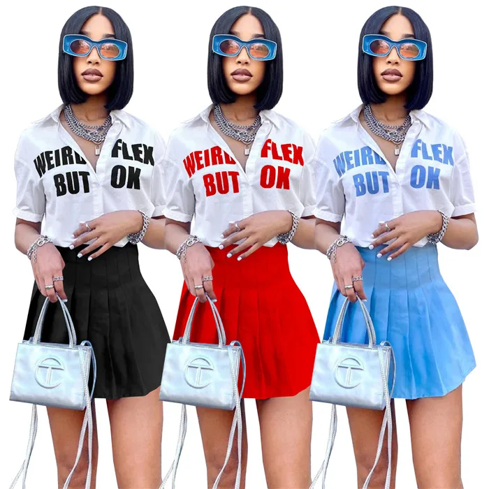 

S8139B-boutique clothing women letter printing shirt and pleated skirt set women two piece set, Photo shown