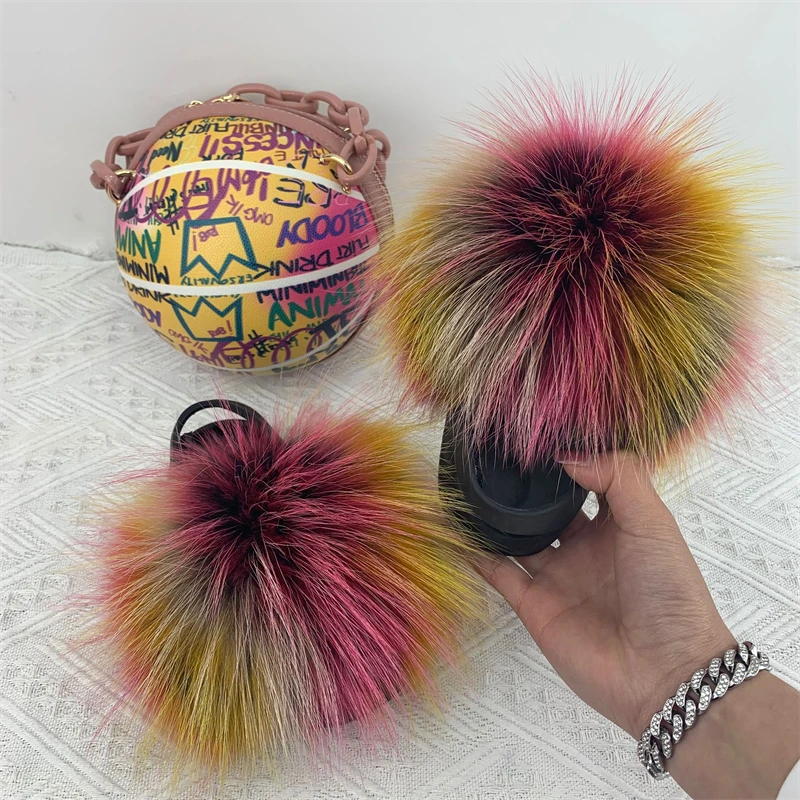 

Wholesale Full Raccoon Faux Fox Fur Slippers Slides With Purse Set For kid