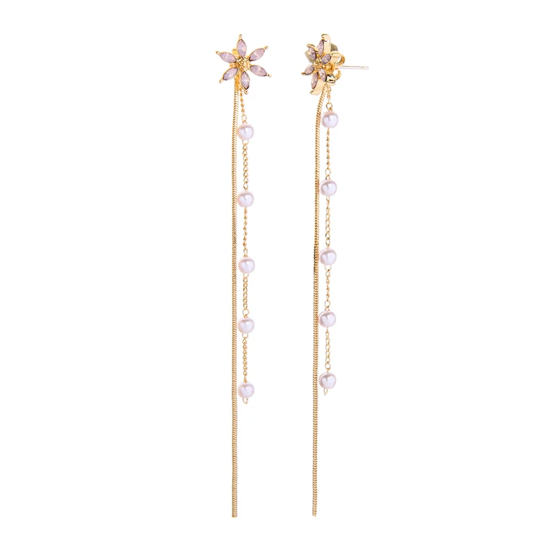 

de980138 New Arrival Japanese Forest Style Exquisite Fairy Long Pearl Crystal Flower Jewelry Beaded Long Tassel Earrings, Gold