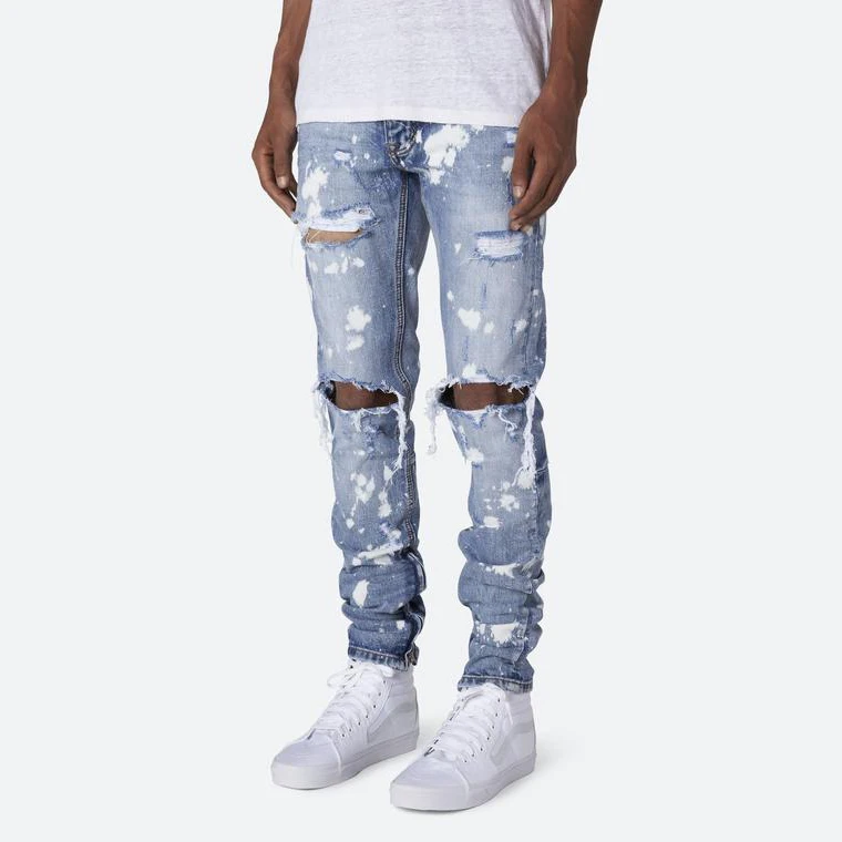 

2021 New fashion regular shredded pencil jens pant bandana stylish graffiti dot print men denim hole ripped jeans boyfriend