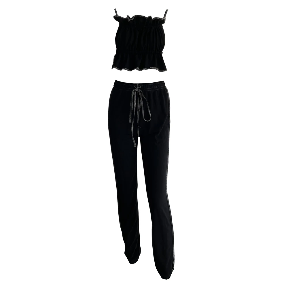 

6335+6336 Autumn new fashion solid color comfortable 2 piece set high-waist casual sports trousers crop top for ladies women set, Picture color