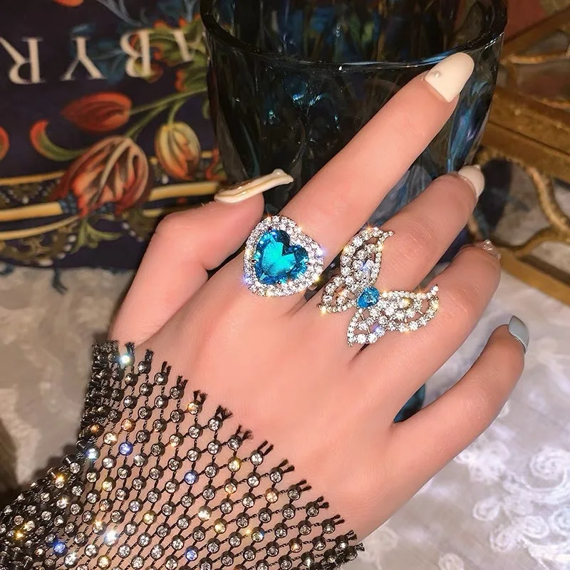 

Adjustable Blue Gemstone Fashion Butterfly Cubic Zirconia Ring Unique Diamond Butterfly Women Ring 2021, As pic