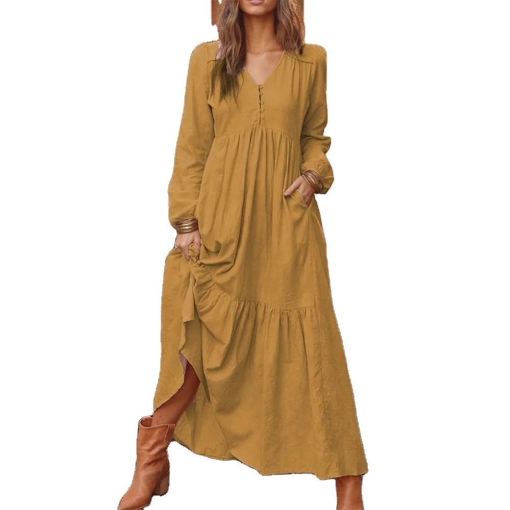 

women solid colour pleated dress cotton linen fabric Maxi Dress Long Sleeve Casual Boho Kaftan Tunic Plus Size Dresses