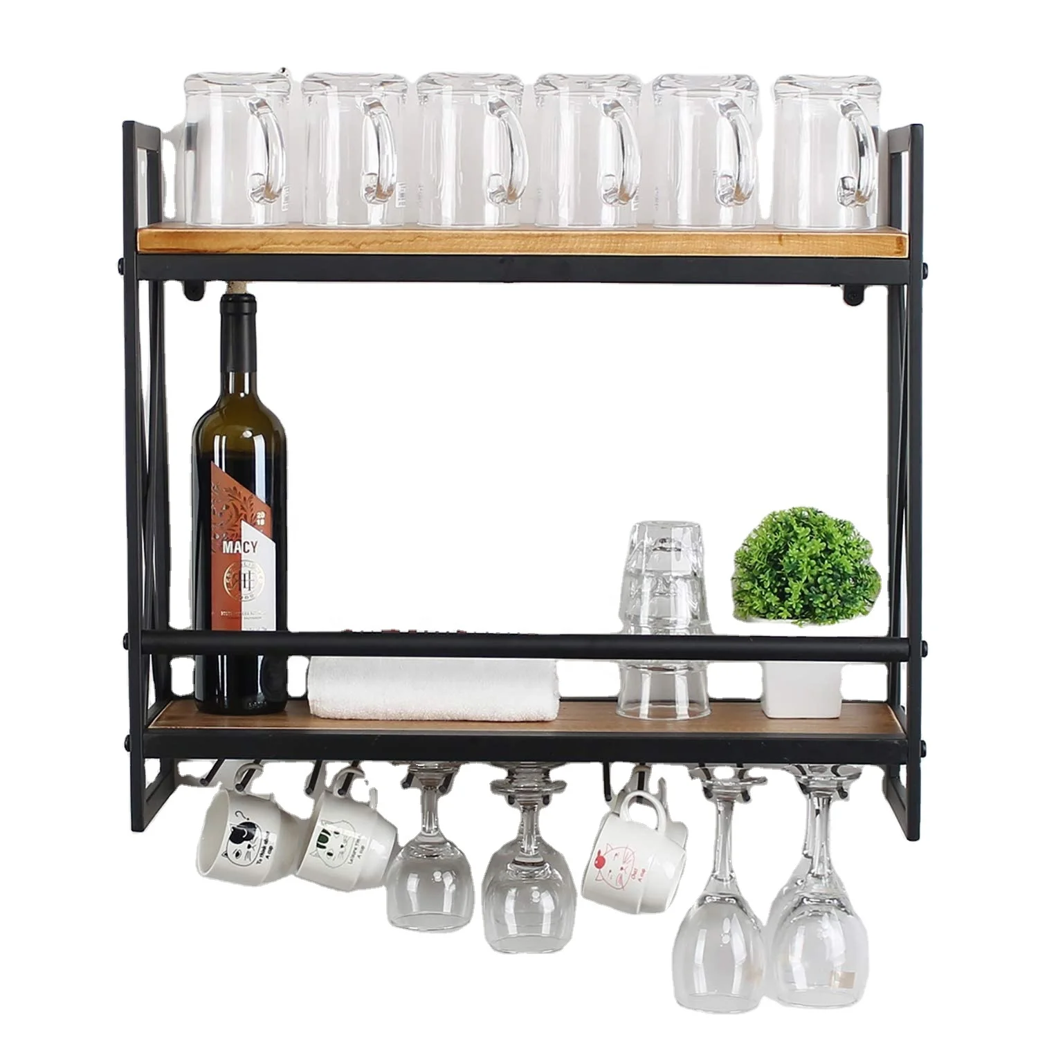 

Rustic Wall Mounted Wine Racks with 7 Stem Glass Holder Industrial Metal Hanging Wine Rack 2-Tiers Wood Shelf Floating Shelves